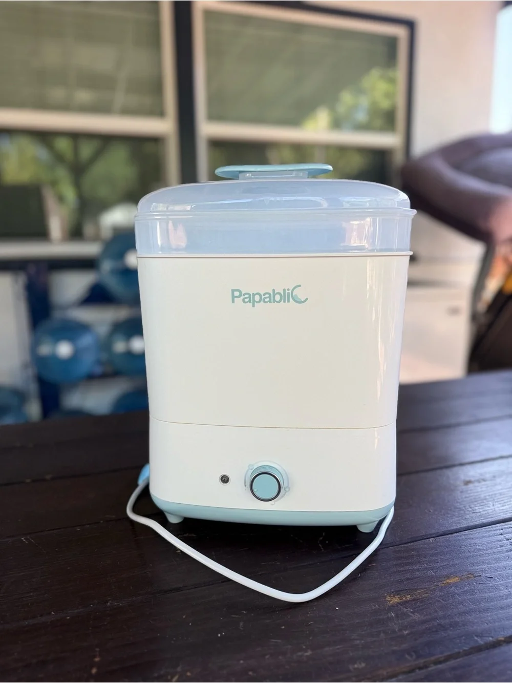 Papablic Electric Baby Bottle Sterilizer w/ Lid, Removable Tray, White/Blue